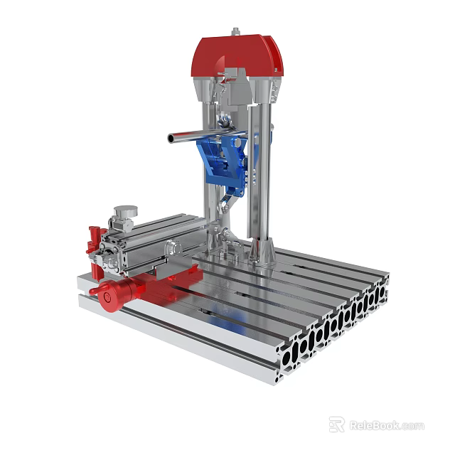 Industrial Drill Press Machine With Red Blue Components And Metal Workbench 3d model 