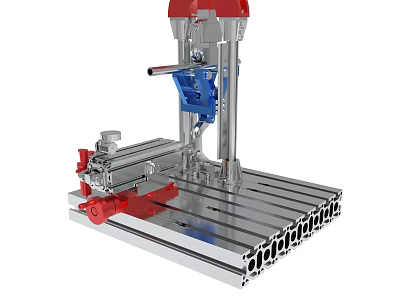 Industrial Drill Press Machine With Red Blue Components And Metal Workbench 3d model