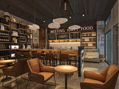 Cozy Café Interior With Brown Leather Seats Round Tables Bar Counter Meeting Happy Food Signboard 3d model