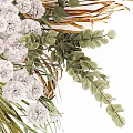 Artistic Natural Decorative Ornaments Arrangement With Green Fan Leaves White Clustered Blooms And Feathery Grass