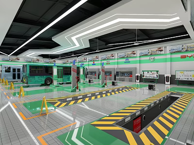 Modern Parking Lot With Green Buses Yellow Black Warning Stripes And Facilities 3d model