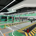 Modern Parking Lot With Green Buses Yellow Black Warning Stripes And Facilities
