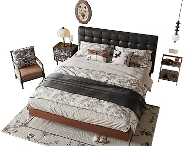 Stylish Double Bed Featuring Leather Headboard Patterned Bedding Decorative Pillows Nightstand And Table Lamp 3d model