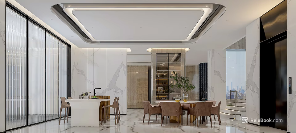 Modern Restaurant Interior Design With Marble Dining Table Chairs Pendant Lighting Green Plants And Cabinets 3d model 