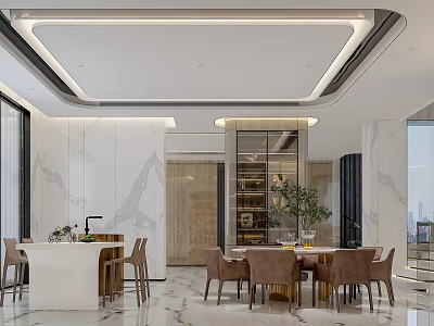 Modern Restaurant Interior Design With Marble Dining Table Chairs Pendant Lighting Green Plants And Cabinets 3d model