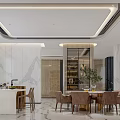 Modern Restaurant Interior Design With Marble Dining Table Chairs Pendant Lighting Green Plants And Cabinets