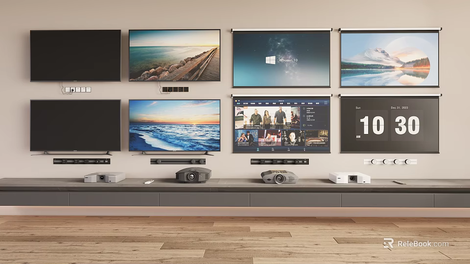 Projection Monitoring Setup In Modern Space With Screens And Projectors 3d model 