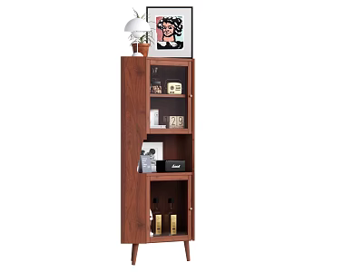 Modern Wooden Decorative Cabinet With Shelves Books Decorations Wine Bottles And Top Lamp 3d model