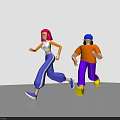 Two Cartoon Characters Running In Colorful Clothing With Pink Hair Blue Cap And White Background