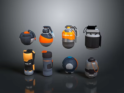 Weapon Collection Showcasing Various Modern Tactical Grenades With Diverse Colors And Designs 3d model