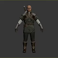 Medieval Warrior Man in Leather Armor with Sword on Back and Leather Boots