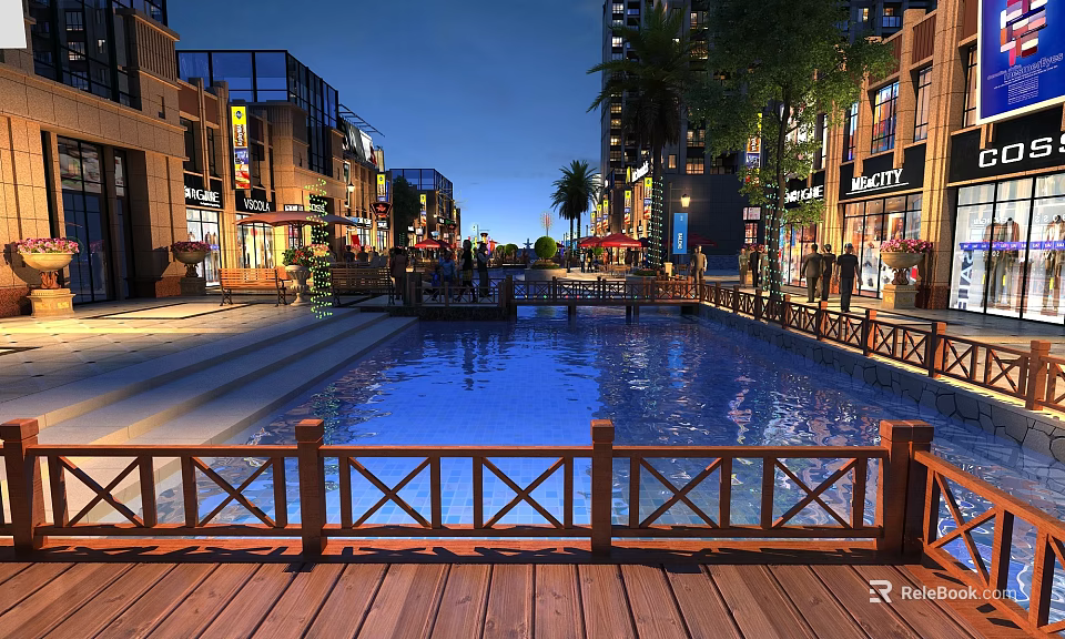 Modern Commercial Street Night Scene With Water Pool Wooden Railing Lit Shops And Palm Trees 3d model 