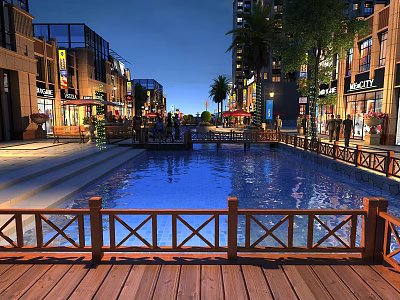 Modern Commercial Street Night Scene With Water Pool Wooden Railing Lit Shops And Palm Trees 3d model