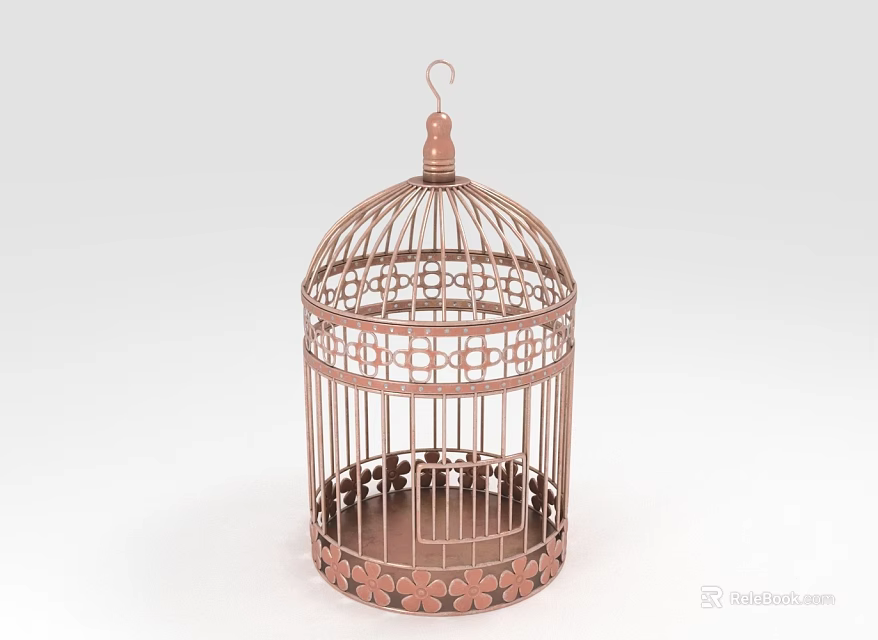 Copper Colored Decorative Birdcage Ornament Set With Floral Patterns And Top Hook 3d model 