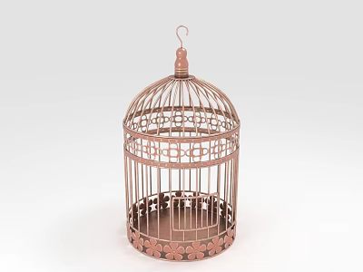 Copper Colored Decorative Birdcage Ornament Set With Floral Patterns And Top Hook 3d model