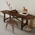 Rustic Wooden Table And Rattan Chair With Crossed Legs Vase Red Plant Books Horse Decor