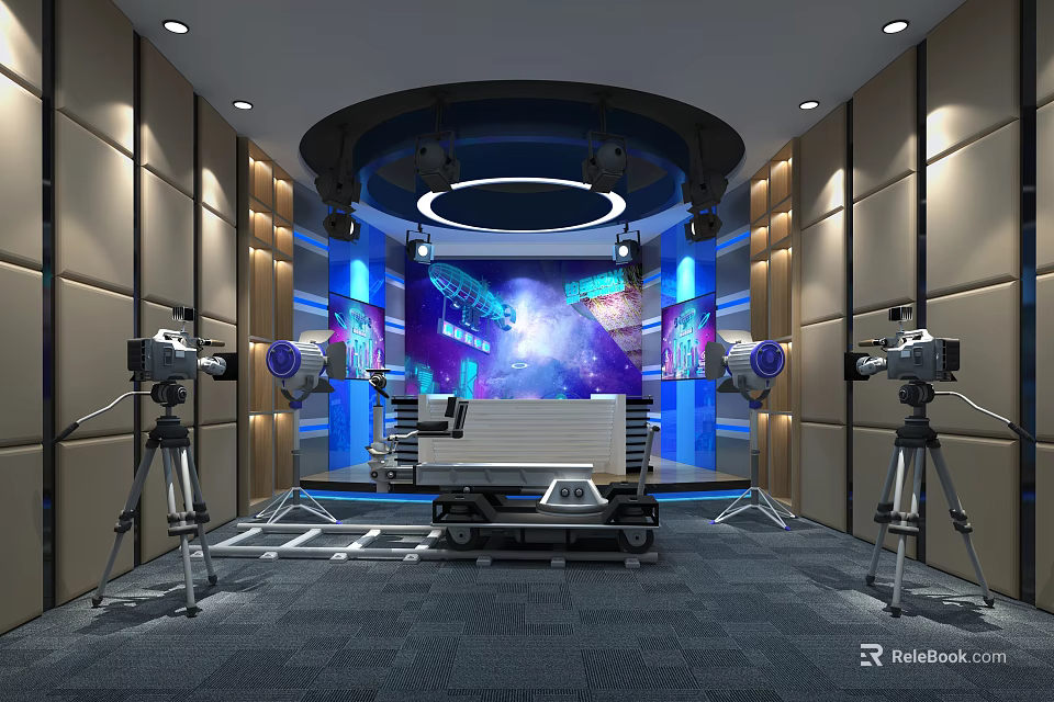 Professional Studio Interior With Multiple Cameras Lighting And Digital Backdrop Screen 3d model