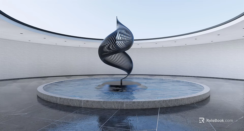 Modern Spiral Metal Sculpture in Circular Water Pool With White Walls and Gray Floor 3d model 