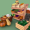 Cute Cats Around Colorful Vegetable Fruit Market Stall With Wooden Shelves Crates And Chalkboard