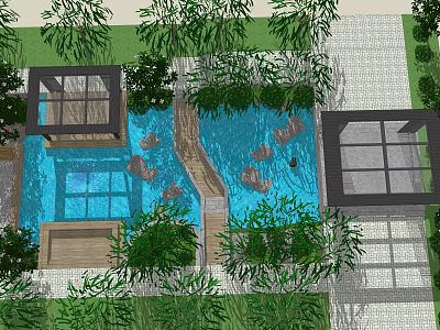 Serene Garden Landscape Design With Pool Stones Green Plants And Wooden Pavilion 3d model