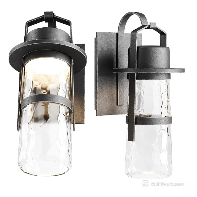 Modern Outdoor Wall Lights with Black Metal Frame and Rippled Glass Shade 3d model 