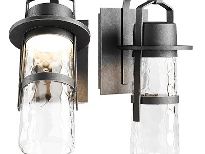 Modern Outdoor Wall Lights with Black Metal Frame and Rippled Glass Shade 3d model
