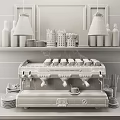 Modern Kitchen Appliances Including Espresso Machine With Cups And Shelves Of Bottles Glasses