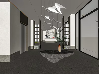 Modern Sales Office Lobby Interior With Decorative Pendant Lights Central Stone Display And Potted Plant 3d model