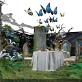 Magical Garden Decorative Scene With Large Flowers Paper Cranes Mushrooms And Tables