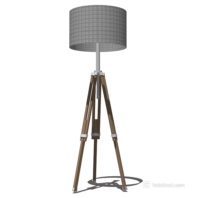 Modern Floor Lamp With Wooden Tripod Base And Gray Fabric Shade 3d model 