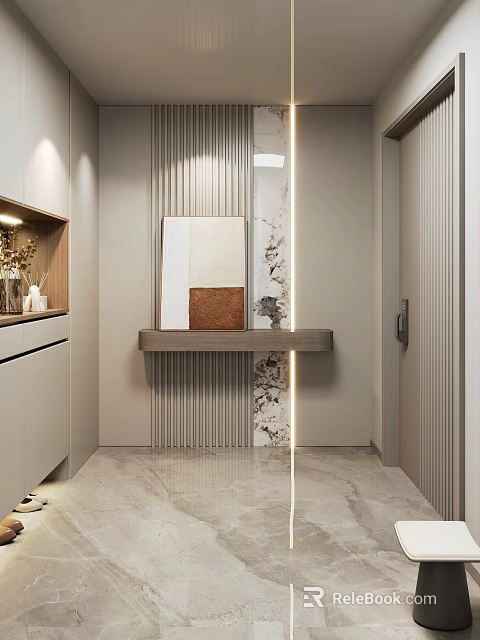 Modern Foyer Hallway Interior Design With Vertical Striped Wall Marble Pattern Console Table And Lighting 3d model 