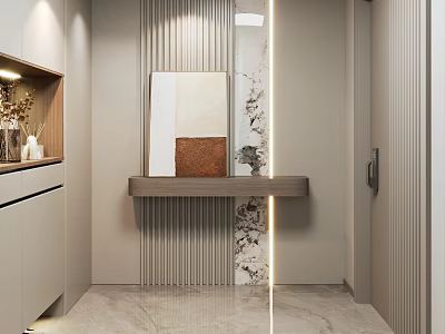 Modern Foyer Hallway Interior Design With Vertical Striped Wall Marble Pattern Console Table And Lighting 3d model