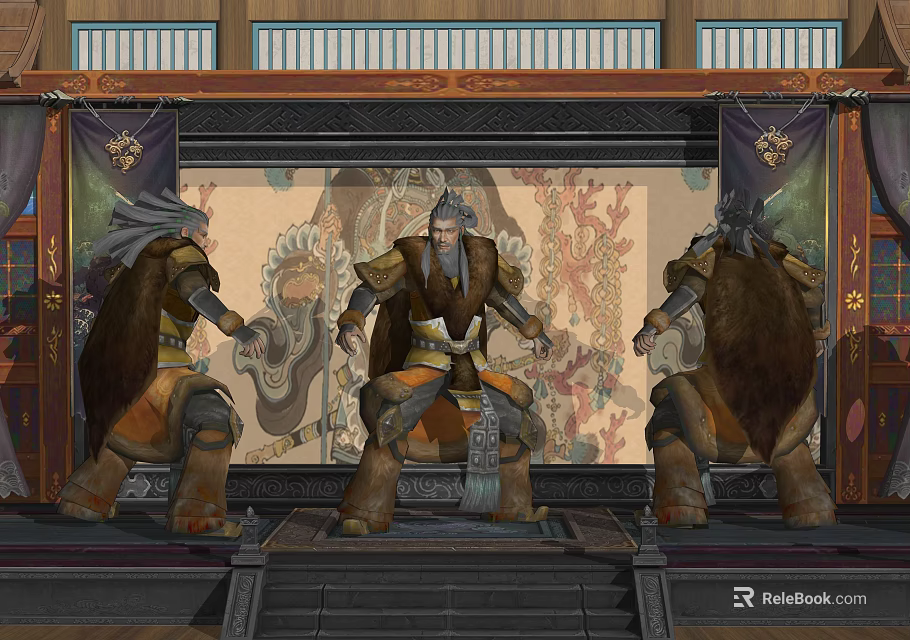 Game Movie Characters In Traditional Armor Central Seated And Standing Side Warriors With Ornate Background 3d model 