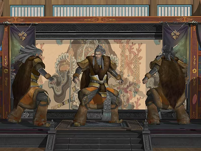 Game Movie Characters In Traditional Armor Central Seated And Standing Side Warriors With Ornate Background 3d model