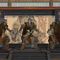 Game Movie Characters In Traditional Armor Central Seated And Standing Side Warriors With Ornate Background