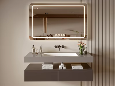 Modern Bathroom Vanity Cabinet With Illuminated Mirror Double Faucet Gray Countertop Drawers And Towels 3d model