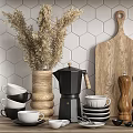 Elegant Kitchen Utensils Featuring Wooden Cutting Boards Coffee Brewers Mugs Spice Grinders And Dried Plants