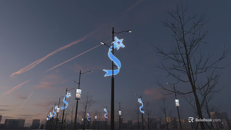 Evening Public Street Lights With Blue Star Shaped Ribbon Decorations And Urban Skyline 3d model 