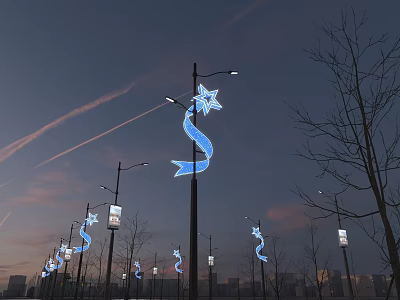 Evening Public Street Lights With Blue Star Shaped Ribbon Decorations And Urban Skyline 3d model