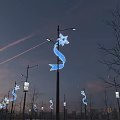 Evening Public Street Lights With Blue Star Shaped Ribbon Decorations And Urban Skyline