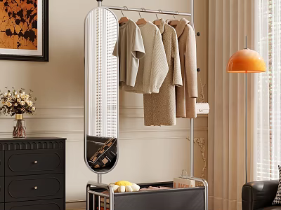 Stylish Clothing Rack With Mirror Hanging Sweaters And Coats In Modern Living Room 3d model