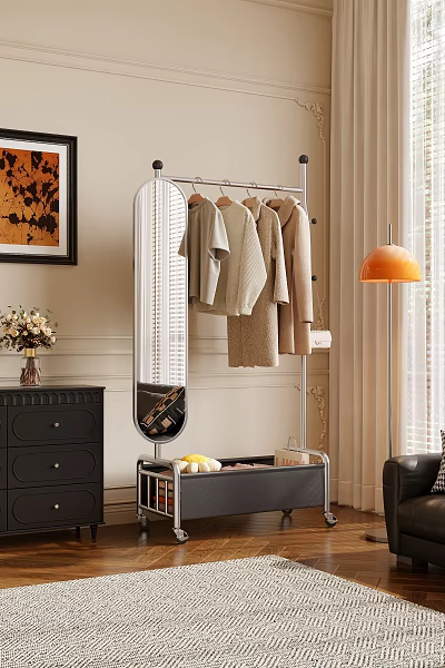 Stylish Clothing Rack With Mirror Hanging Sweaters And Coats In Modern Living Room 3d model