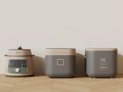 Three Modern Rice Cookers With Different Color Designs And Control Panels For Kitchen 3d model