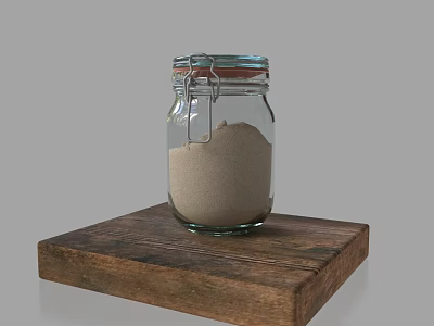 Glass Jar Containing Sand For Sculpture Carving On Wooden Base 3d model