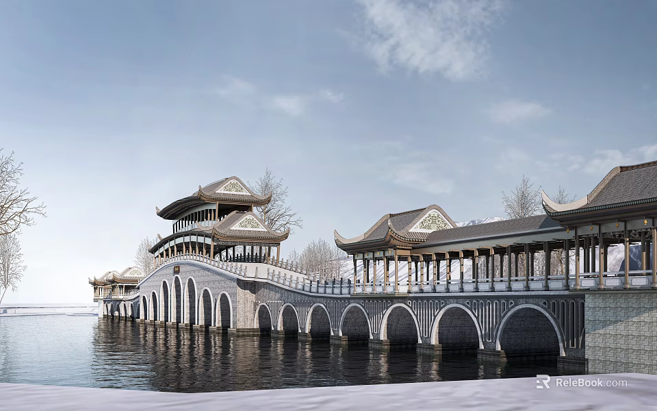 Traditional Chinese Landscape Bridge With Arched Openings And Pavilions Over Water 3d model 