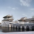 Traditional Chinese Landscape Bridge With Arched Openings And Pavilions Over Water