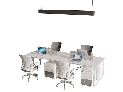 Modern Double Workstation Office Desk With Laptops Monitors White Chairs And Pendant Light 3d model