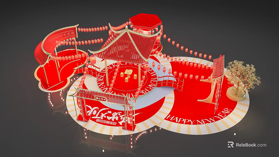Red Chinese Art Installation With Pavilion Lanterns Happy New Year Decorations Circular Platform And Steps 3d model 