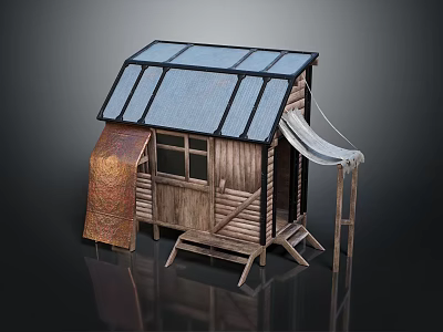 Rustic Wooden Cabin With Blue Roof Transparent Panels Elevated Legs Window Patterned Curtain And White Canopy 3d model