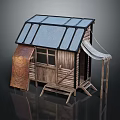 Rustic Wooden Cabin With Blue Roof Transparent Panels Elevated Legs Window Patterned Curtain And White Canopy